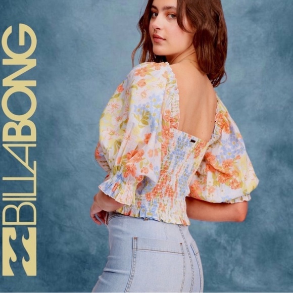 BILLABONG Feeling Groovy Smocked Puff Sleeve Crop Top NWT L - Picture 6 of 10